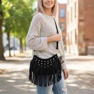 Boho Black Suede Fringe Shoulder Crossbody Bag